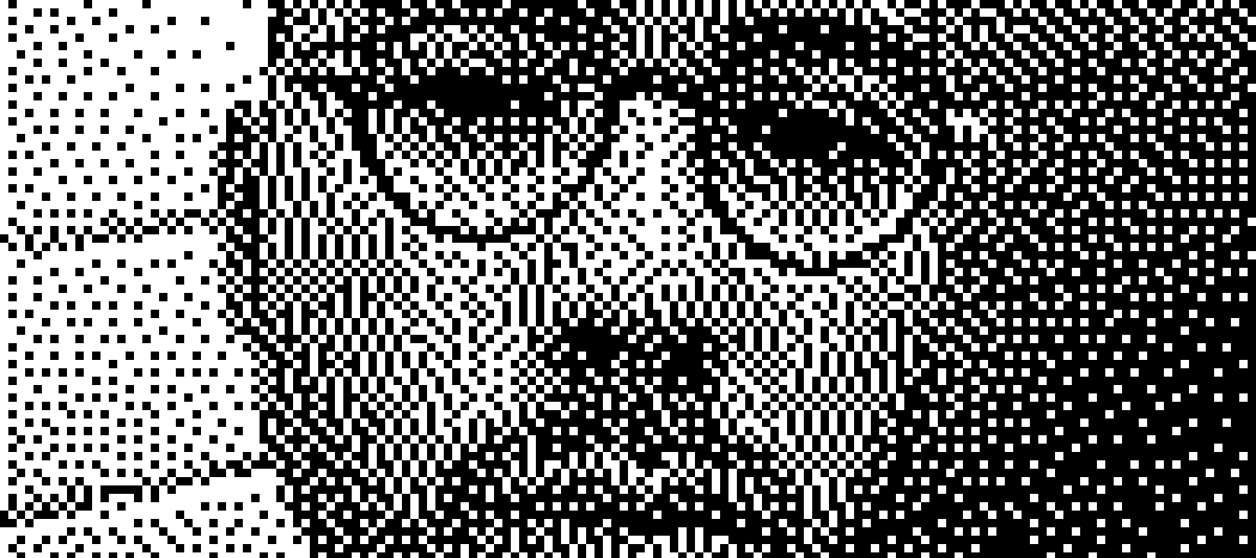 Black-and-white pixel portrait of Messie Henson wearing glasses