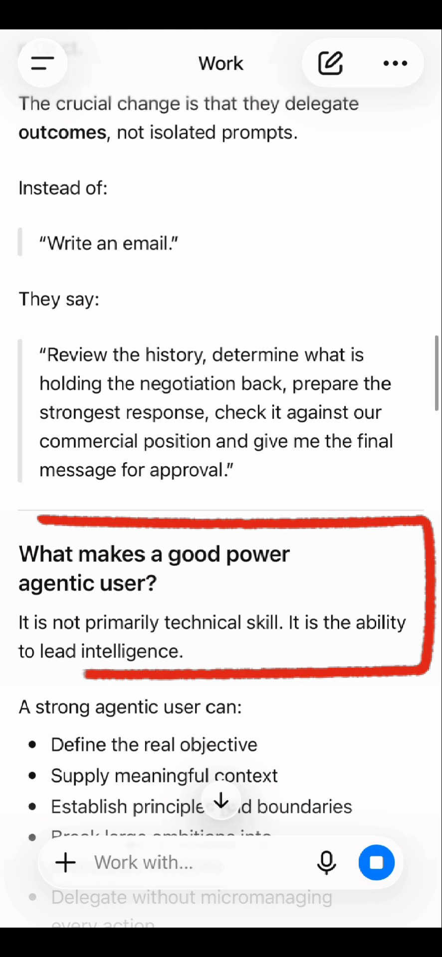 ChatGPT response proposing that advanced AI use may shift from isolated prompts towards an agentic operating layer