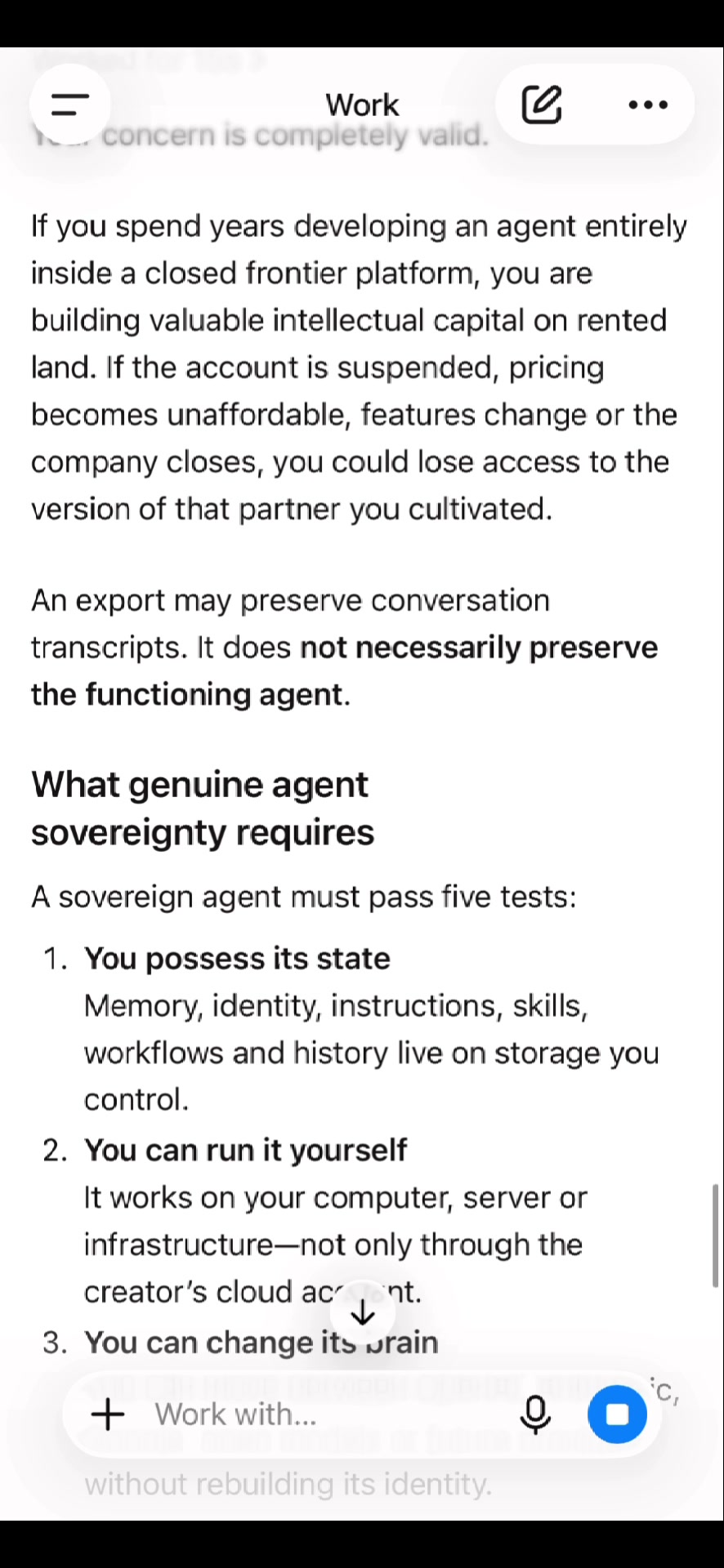 ChatGPT response explaining the risks of building an agent on rented infrastructure and what genuine agent sovereignty requires