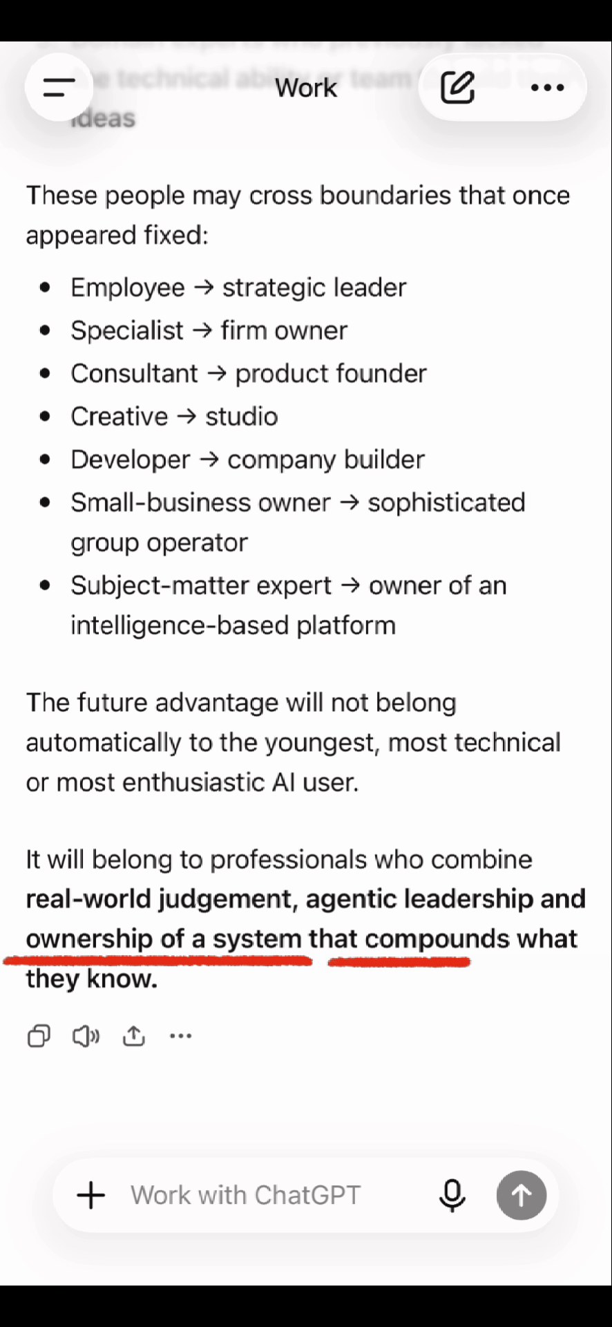 ChatGPT response proposing that professional judgment, agent direction and control of the operating layer may create an advantage