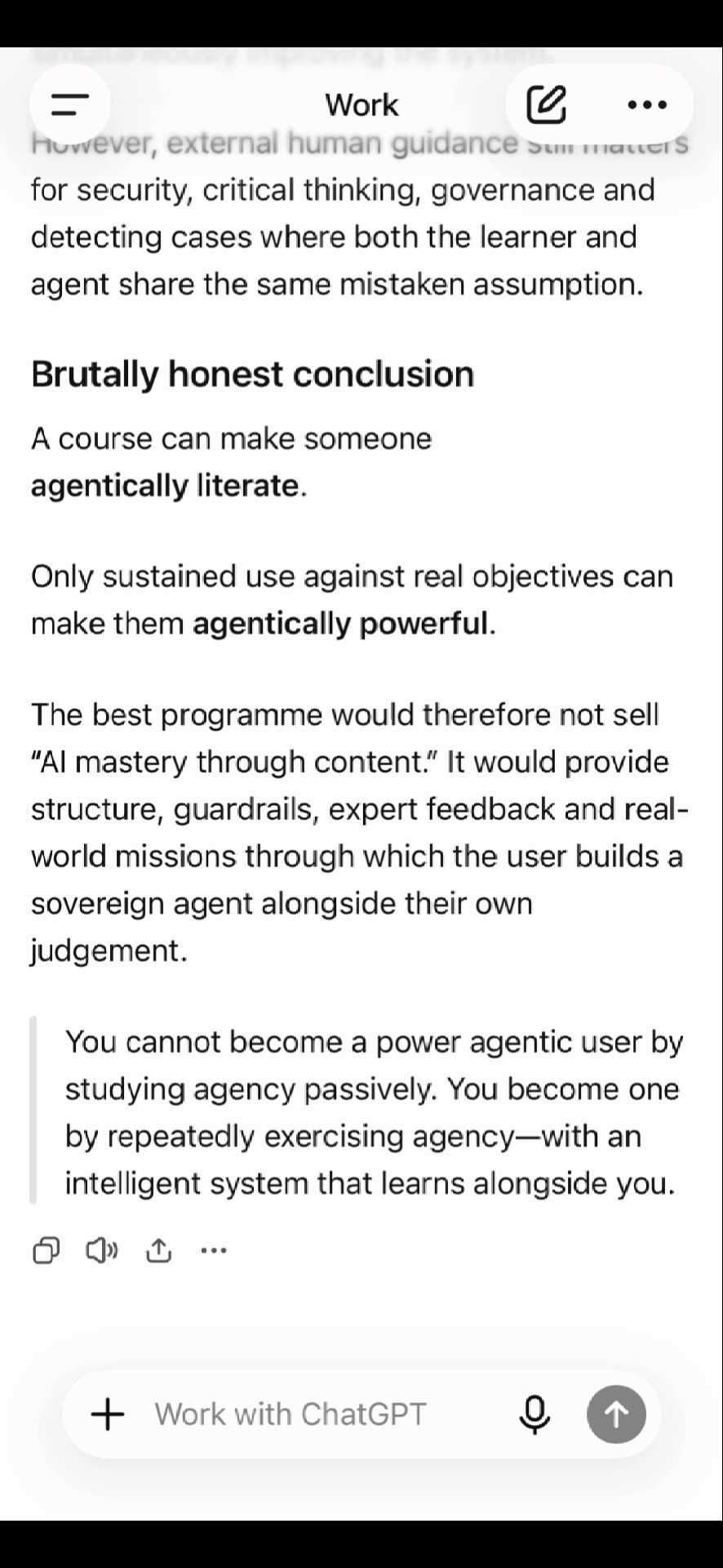 ChatGPT response proposing that frameworks can be taught while practical judgment may develop through consequential work