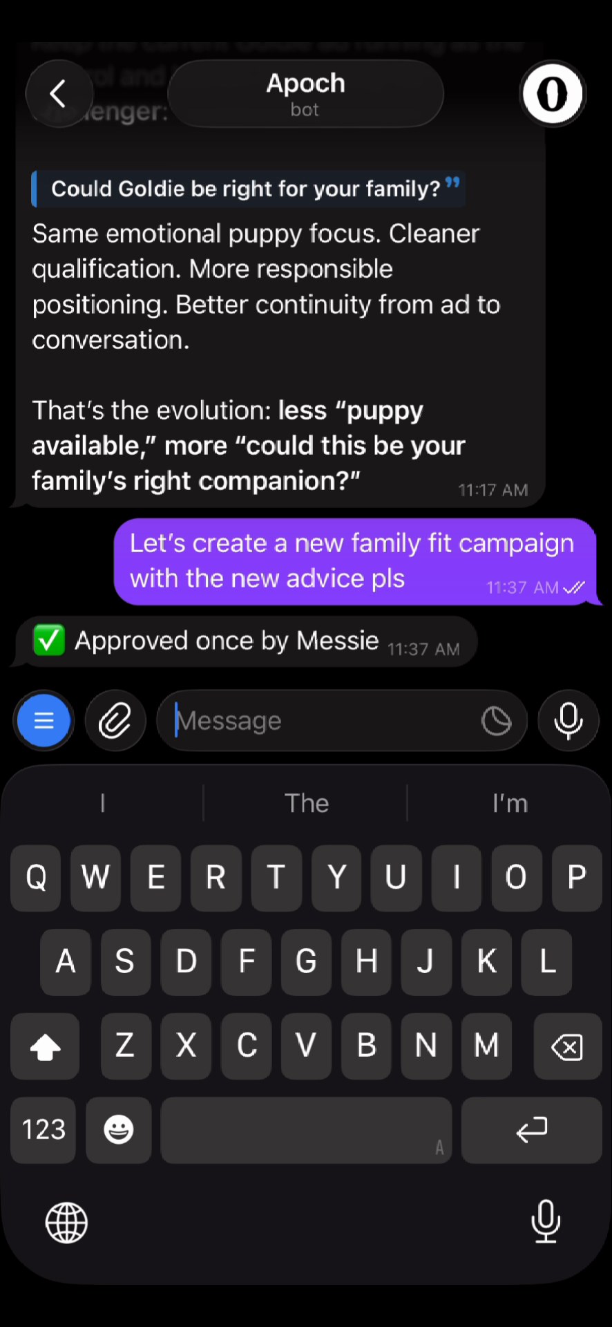 Messaging conversation showing a family-fit campaign instruction and human spend governance