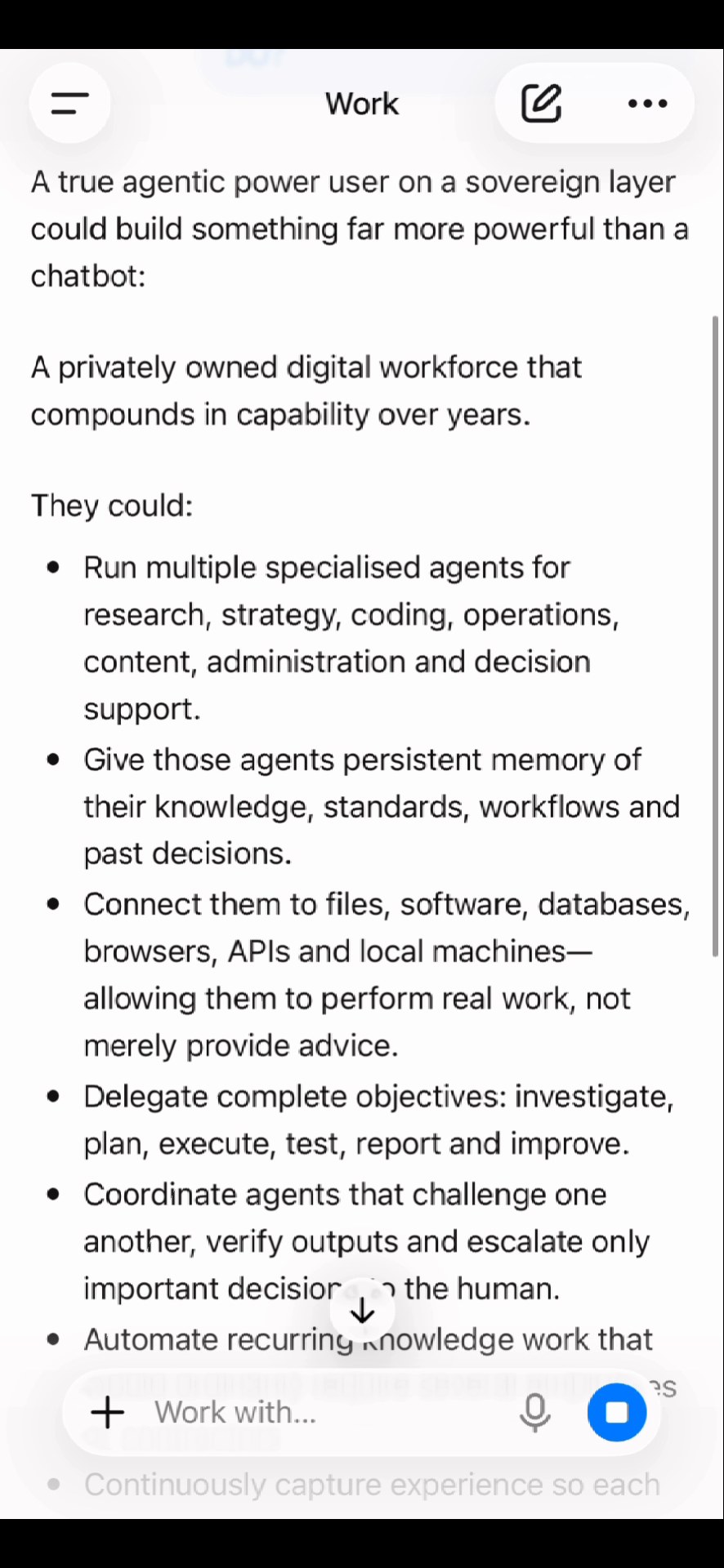 ChatGPT response describing a possible operating scope for one person directing agentic capability